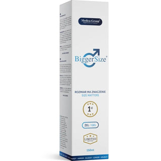 Vit förpackning på 150 ml med BiggerSize Intimate Gel för män, med text på flera språk och produktinformation.