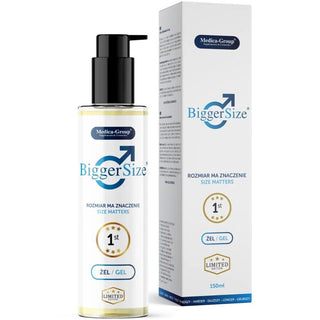 En 150 ml-flaska BiggerSize Intimate Gel för män med en blå och guldfärgad etikett, avbildad tillsammans med sin förpackning mot en vit bakgrund.