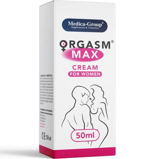 Orgasm Max Intimate Cream för kvinnor, 50 ml tub, förpackningen pryds av en enkel illustration av ett par i kontur.