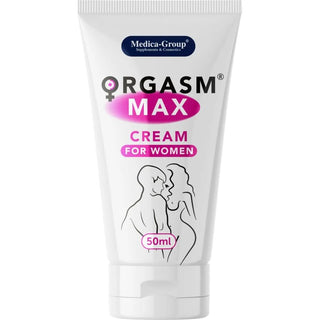 Vit tub med Orgasm Max Intimate Cream för kvinnor, 50 ml, med en illustration av ett par som omfamnar varandra på framsidan.