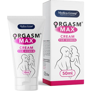En förpackning med 50 ml Orgasm Max Intimate Cream för kvinnor, med en konturteckning av ett omfamande par på förpackningen.