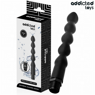 Anal douche i svart silikon med 22 cm pärlstav och medföljande adapter, visas med Addicted Toys förpackning.