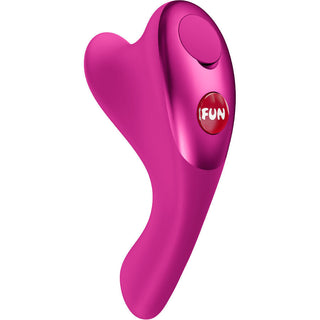Rosa silikon Fun Factory Be-One fingervibrator, ergonomiskt utformad, visas på en vit bakgrund.