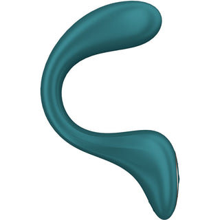Satisfyer G Goddess 2 Rabbitvibrator är en blågrön, böjd, S-formad silikonanordning med en slät konsistens, designad för klitorisstimulans och liknar en modern bärbar.