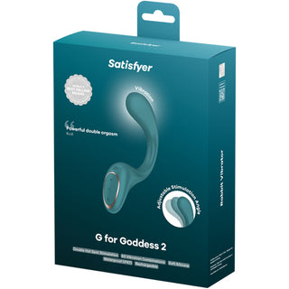 Satisfyer G Goddess 2 Rabbitvibrator levereras i en blågrön förpackning med en produktbild och höjdpunkter av G-punktsstimulans på lådan.