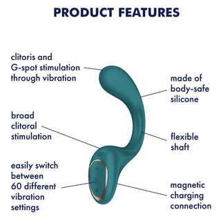 Satisfyer G Goddess 2 Rabbitvibrator i teal med märkta funktioner, inklusive ett flexibelt skaft för G-punkts- och klitorisstimulans, plus 60 vibrationsinställningar, visas på vit bakgrund.
