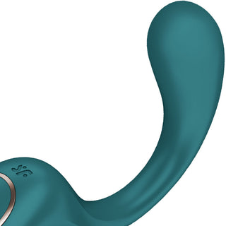 Satisfyer G Goddess 2 Rabbitvibrator är en teal, böjd silikonmassagerare med en rundad spets och slät konsistens, utformad för förbättrad G-punktsstimulans.