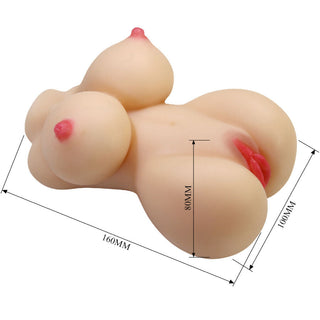 En köttfärgad TPR-produkt med delvis torso för vuxna med märkta mått, visad på en enfärgad bakgrund.