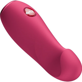 Rosa bulletvibrator i silikon med en böjd design och en liten FUN-knapp längst upp.