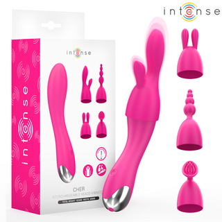 Rosa Intense Cher Vibrator med utbytbara huvuden för klitorisstimulering, tillverkad i slät silikon.