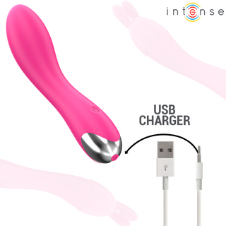 Rosa, böjd vibrator med metallspets, utformad för klitorisstimulering; USB-laddare ingår; Intense-logotypen syns.
