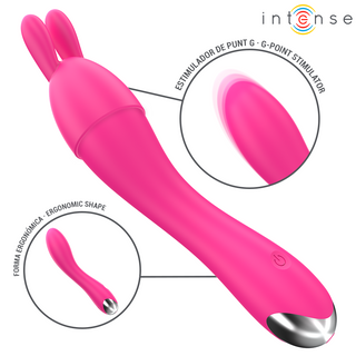 Rosa silikonvibrator med ergonomisk form, kaninöron, strömknapp, utformad för stimulering av G-punkt och klitoris.
