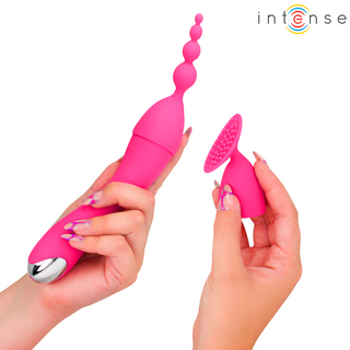Intensiv Cher Vibrator med utbytbara huvuden, snygg design, silikonmaterial, visas mot en vit bakgrund.