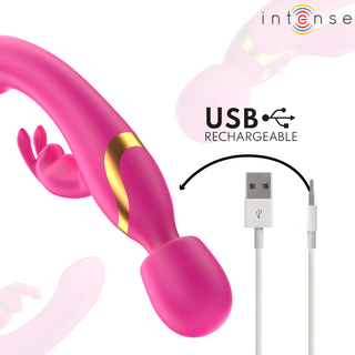 Rosa silikonvibrator med dubbla ändar med guldfärgad accent, USB-laddningskabel och Intense-logotyp synlig på produkten.