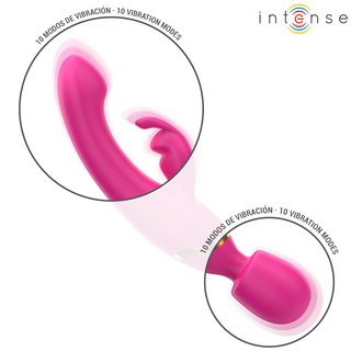 Rosa silikonvibrator med dubbla ändar, kanintillsats och stavspets, med smidig design och 10 lägen per ände.
