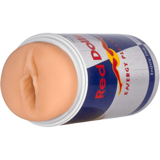 Röd onanileksak av plast utformad som en burk med en insida som efterliknar en vagina i realistiskt material.