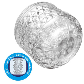 Transparent dubbeländad masturbator för män med strukturerade inre 3D-mönster, tillverkad av supermjukt transparent material.