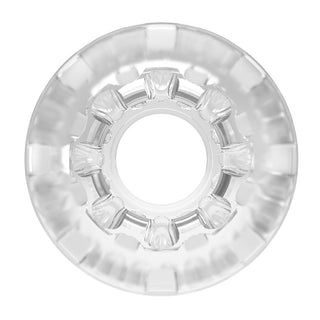Genomskinlig masturbator med två ändar och synlig central kärna, tillverkad av slätt silikonmaterial i en klar Pretty Love-design.