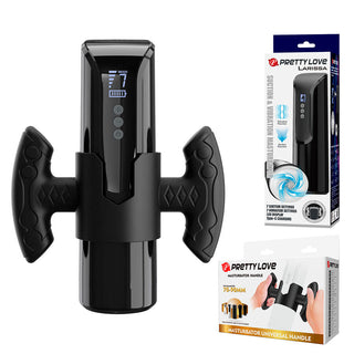Svart silikonmasturbator med handtag och LED-display, med en elegant, ergonomisk design.