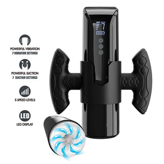 Svart masturbator med LED-display, ergonomiska sidohandtag och knappar för sug och vibration; plastmaterial.