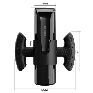 Svart handhållen masturbator med LED-display, sidohandtag, tre kontrollknappar; kompakt design, slät finish.