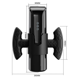 Svart handhållen masturbator med LED-display, sidohandtag, tre kontrollknappar; kompakt design, slät finish.