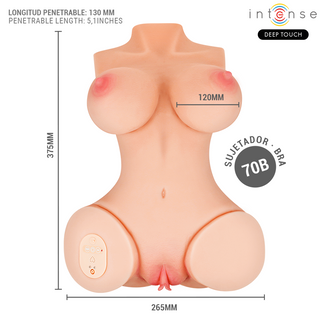 Realistisk TPE masturbator torso i köttfärg, visad på vit bakgrund med designdetaljer och mått synliga.