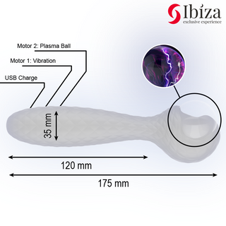Vit medicinsk silikonvibrator med plasmabollfunktion, USB-laddningsport och synlig Ibiza-logotyp på produkten.