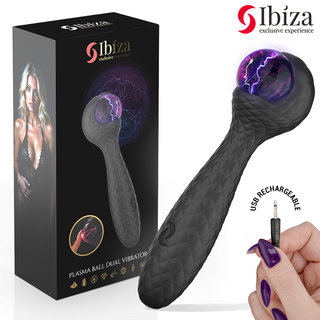 Lila plasmasfärvibrator med texturerat silikonhandtag och rundad spets, visas tillsammans med låda och USB-laddningskabel.