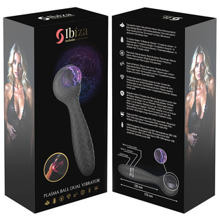Ibiza Plasma Sphere Vibrator i svart, visas i förpackning med produktspecifikationer och designdetaljer för dubbel stimulering synliga.
