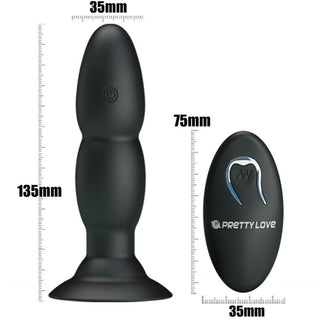 Svart fjärrstyrd analplugg med rotationsfunktion och måttangivelser i millimeter.