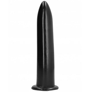 Svart silikondildo, 20 cm, avsmalnande design med platt bas, visas upprätt mot en vit bakgrund.