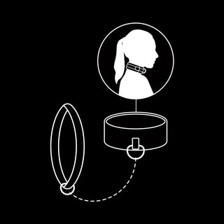 Ett diagram över "Fetish Neoprene Halsband & Koppel" visas, som visar upp dess veganska läderdesign. BDSM-tillbehör är avbildade nedan, medan ovanför en cirkulär siluett visar en person som bär kragen. Bakgrunden är svart med vita konturer.