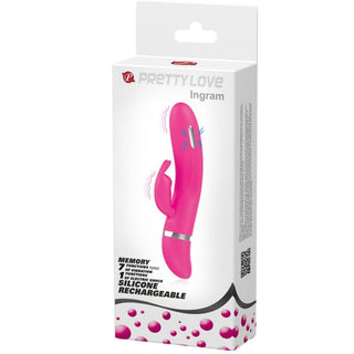 Pretty Love Flirtation Rabbit-förpackningen visar en elegant produktbild och framhäver funktioner som minne, olika vibrationslägen, premium silikonmaterial och intensiv G-punktstimulering för en förbättrad upplevelse.