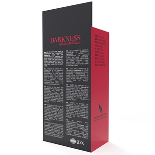 Svart och röd låda märkt "DARKNESS" med en fjäderlogotyp rymmer Darkness Submission Mask Black eller andra huvudmask med ögonöppningar-tillbehör och håller dem organiserade och skyddade.