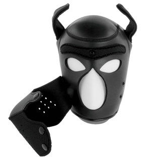 Darkness Neoprene Hundmask är en svart lädermask med spetsiga öronliknande förlängningar och en avtagbar nosparti. Den har utskurna ögonhål, en kontrasterande vit nosyta och en edgy design som är perfekt för BDSM-lekar-entusiaster som söker något distinkt.