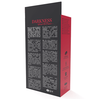 Spellåda med en elegant svart och röd design med titeln Darkness, med flerspråkig text som väcker intresse. Släpp lös spänningen inuti och förstärk den med ett Darkness Halsband med Läderkoppel för en helt uppslukande resa.