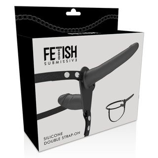 Vi presenterar Fetish Submissive Harnesss silikonförpackning med dubbla strap-on, med en chic kedjedesign och en bild av Double Penetration Harness. Tillverkad av allergivänligt medicinskt silikon, garanterar den kvalitet och komfort med sin justerbara selefunktion.