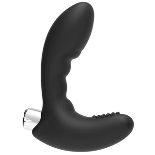 Prostatic Vibrator Model 4 är en svart L-formad massager tillverkad av slät medicinsk silikon med en ergonomisk design, strukturerad greppdetaljer och en metallisk bas. Den visas elegant mot en vanlig vit bakgrund.
