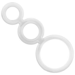 Addicted Toys Penisring Set har tre sammankopplade vita plastcirklar i fallande storlekar, som liknar en bubbelstav, designad för att öka njutningen och förhindra för tidig utlösning.