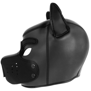 Hundmasken i neopren, sedd från sidan, har spetsiga öron och en perforerad nos, vilket ger en spännande touch till alla rollspelsscenarios.