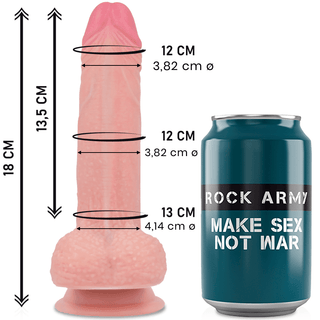 En rosa Lizuid Silicone Premium Mustang-dildo är ihopkopplad med en blå ROCK ARMY MAKE SEX NOT WAR-burk, en del av den slående Rock Army-kollektionen, vilket ger en realistisk upplevelse.
