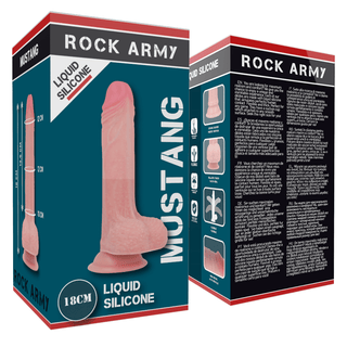 Boxförpackning för Lizuid Silicone Premium Mustang, en flytande silikonvara från Rock Army-kollektionen, innehåller bilder och produktdetaljer för en realistisk upplevelse.