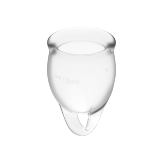 Mensskålsset i medicinsk silikon, genomskinlig, rymmer 15 ml, enkel design mot vit bakgrund.