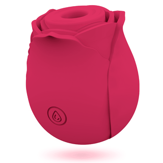 Mia Rose Lufttrycksstimulator är en röd, rosformad enhet med släta kronblad och en droppeikonknapp på sidan, som erbjuder en elegant, blomliknande design för eleganta klitorisstimulans.