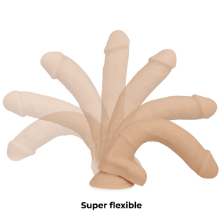 Flexibel 13 cm dildo, tillverkad av kroppssäkert silikon, är en beige flexibel leksak som erbjuder flera positioner, framhävd med sin "superflexibla" etikett.