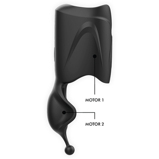 Jamyjob Uppladdningsbar Head Stroker Masturbator är en elegant svart enhet gjord av lyxigt silikon. Den har en böjd ergonomisk design med sektioner märkta "MOTOR 1" och "MOTOR 2." Dess vågiga yta slutar i en lökformad spets, vilket erbjuder en förstklassig onanistupplevelse.