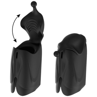 Två vyer av Jamyjob Uppladdningsbar Head Stroker Masturbator, ett elegant svart föremål med en futuristisk design. Den vänstra vyn visar toppen öppen och avslöjar en spiralformad interiör för användning som onani. En pil visar toppens rörelse. Den högra vyn visar den stängd. Tillverkad av lyxigt silikon.