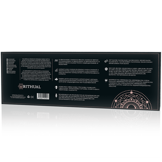 Rithual Akasha Wand 2.0 har en elegant svart förpackning, gjord av vattentålig material, med vit text och en dekorativ cirkulär design i det nedre högra hörnet.
