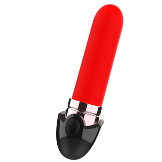 Vibrator Rechargeable Lipstick är en elegant elektronisk enhet som liknar rött och svart läppstift, med en cirkulär strömknapp. Tillverkad av medicinsk silikon, den kombinerar elegans med funktionalitet och är vattentålig för mångsidig användning.